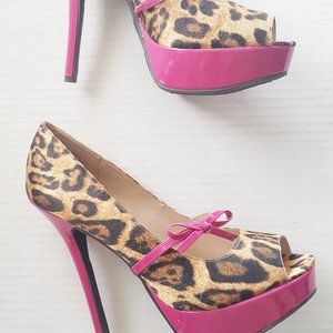 MIX No 6 Sz 10 Peep Toe High Heels Leopard 5.5"